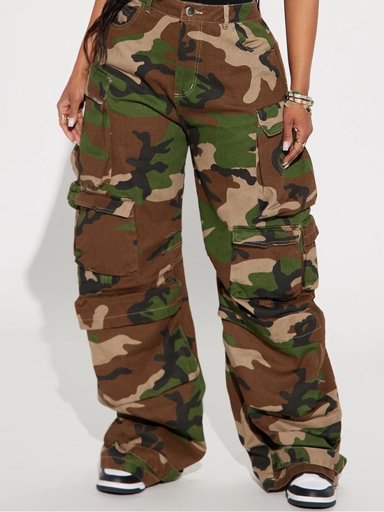 Fashion Nova Pants - Fashion Nova Green & Brown Camo Wide Leg Cargo Pants
